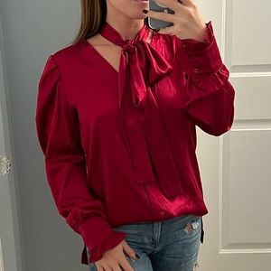 Gold Hawk Silk Tie Neck Blouse Berry Color